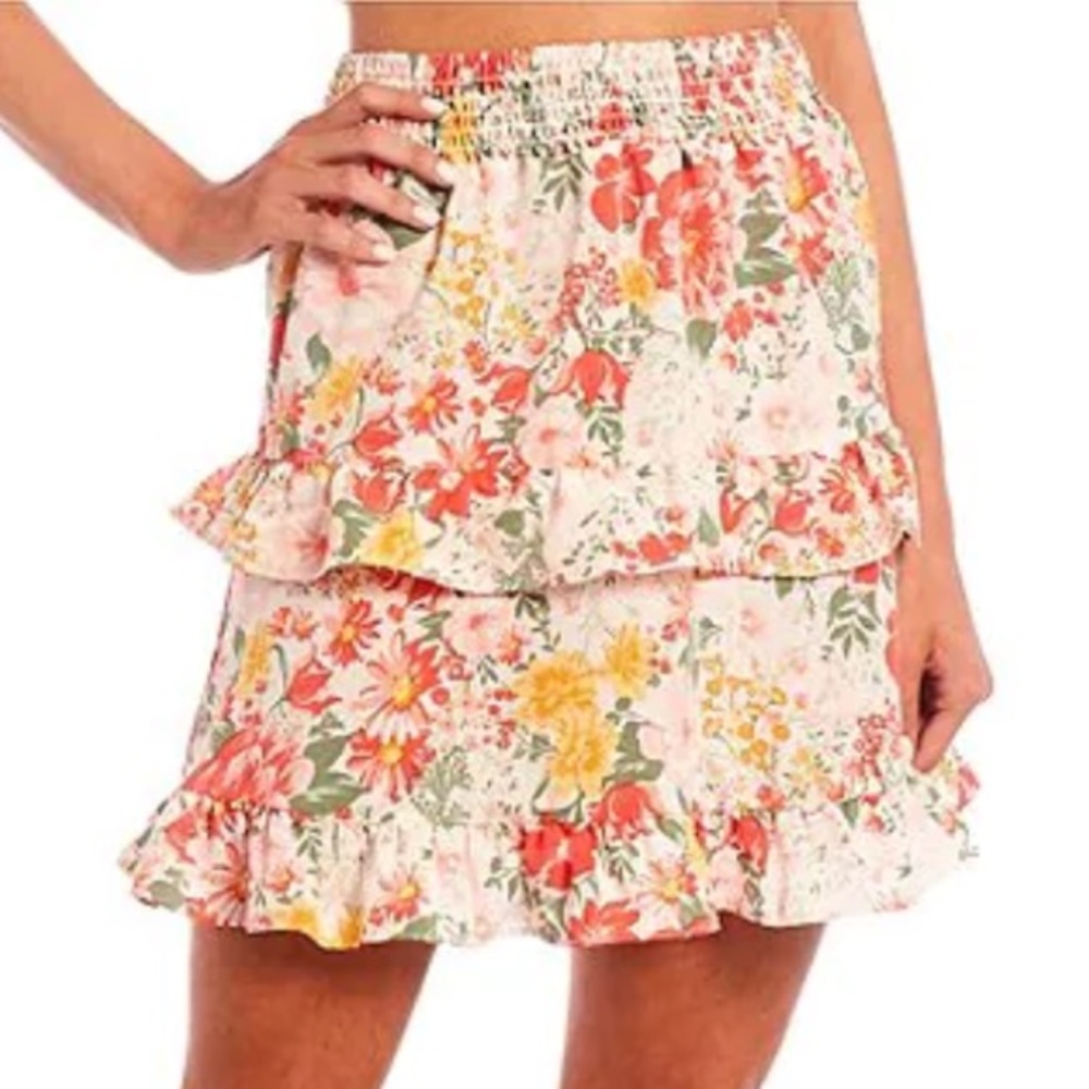 Love & Piece Smocked-Waist Floral tiered Ruffled Skirt XL Stretch Waist
